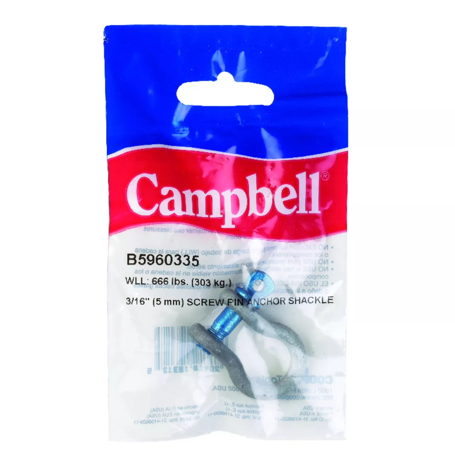 3/16 In. Forged Steel Screw Pin Anchor Shackle, 1/3 Ton Load Capacity