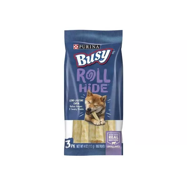 Busy Rollhide Dog Treats, 4 Oz Pouch, Savory Beef Flavor